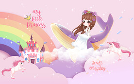 可爱公主城堡鲸鱼儿童房背景墙