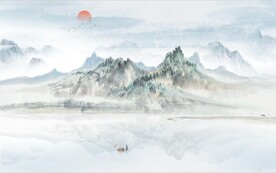 中式青绿山水国画电视背景墙