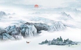 中式青绿山水国画电视背景墙