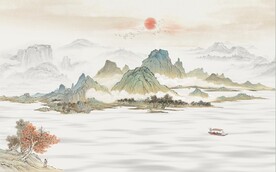 中式青绿山水国画电视背景墙