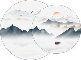 圆形叠加中式山水装饰画