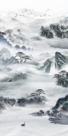 新中式山水大理石复式楼玄关壁画