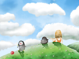 水彩手绘女孩与企鹅儿童插画