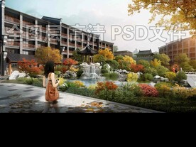 秋季假山瀑布古建园林