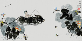 国画荷塘放牛娃