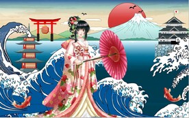 浮世绘日本和服美料理餐饮背景墙