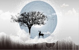 新中式抽象麋鹿山水背景墙