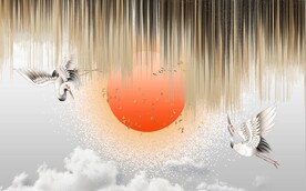 新中式抽象仙鹤红日背景墙