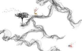 新中式抽象水墨麋鹿山水背景墙