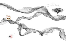 新中式抽象水墨麋鹿山水背景墙