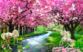 梦幻樱花树独角兽风景背景墙