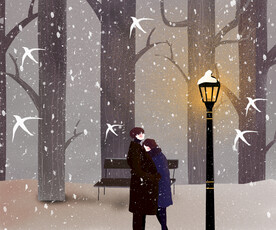 雪地情侣树林卡通爱情