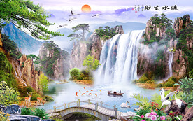 瀑布山水画流水生财背景墙
