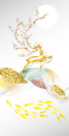 装饰画 晶瓷画 叶子麋鹿