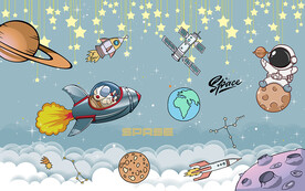 卡通宇航员太空火箭儿童房背景墙