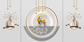 晶瓷画菊花三联画麋鹿圆球