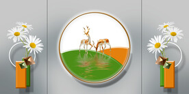 晶瓷画菊花三联画麋鹿