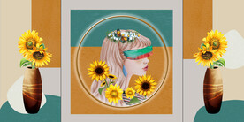 晶瓷画花瓶向日葵三联画美女