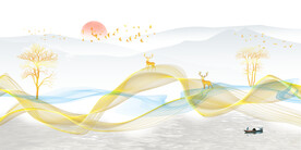 晶瓷画线条抽象画麋鹿树叶子