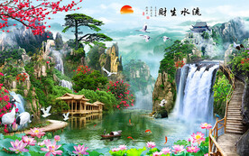 大气流水生财高山流水风景背景墙