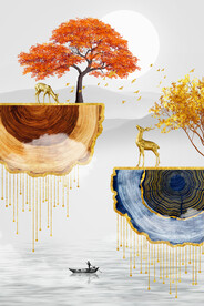 瓷晶画山水风景画麋鹿