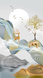 瓷晶画线条抽象画山水风景画麋鹿