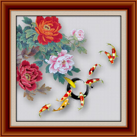 国画 牡丹 九鱼图