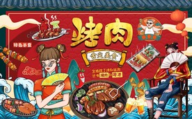 工装国潮烤肉背景画图片
