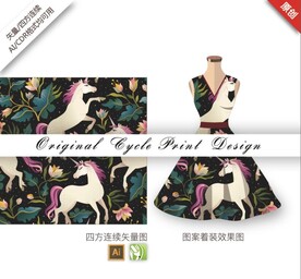 矢量手绘创意独角兽美人蕉图案