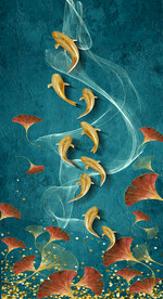 装饰画 杏叶 抽象线条 金鱼