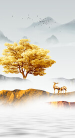 装饰画 树 麋鹿