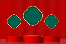 梅花窗店庆商品礼物展示台红背景