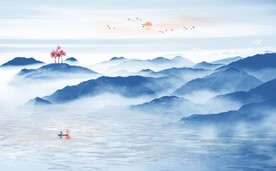 新中式蓝色水墨山水电视背景墙