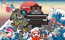 浮世绘武士猫日本料理餐饮背景墙