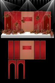 红色新中式婚礼KT板布置