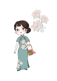 Q版卡通旗袍少女原创插画