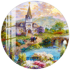 乡村油画小屋圆形装饰画