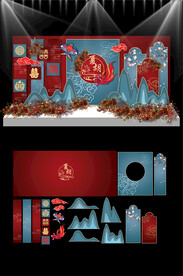 红色新中式婚礼KT板布置