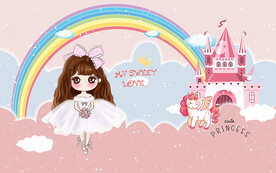 卡通可爱小公主城堡儿童房背景墙