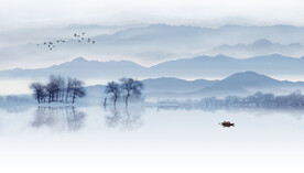 轻奢装饰画 水墨山水风景画 船