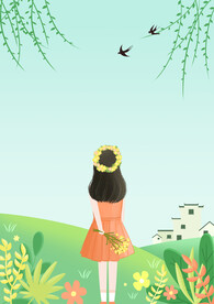 绿色春天女生手绘插画
