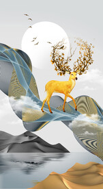 轻奢装饰画 麋鹿 抽象线条