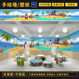 海岛海盗船卡通背景墙
