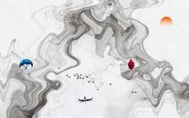 轻奢装饰画 抽象线条弧线日出船