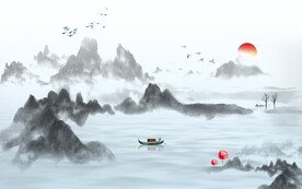 轻奢装饰画水墨山水画船日出