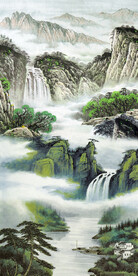 高清山水松柏树艺术画客厅房间画