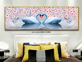 粉色浪漫花朵天鹅湖床头装饰画