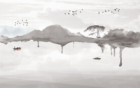 轻奢装饰画 水墨山水画 船 鸟