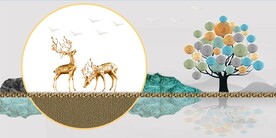 轻奢装饰画 麋鹿 树 圆圈