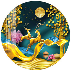 金色飘带麋鹿发财树圆形装饰画